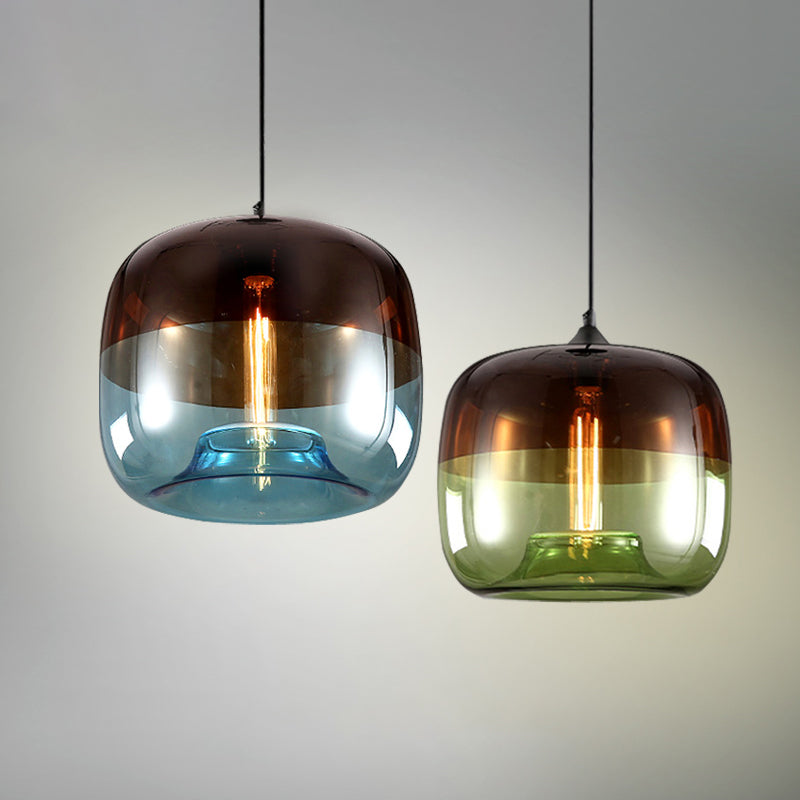 Modern Glass Drum Pendant Ceiling Light Blue/Green-Brown Design Ideal For Dining Rooms Includes 1