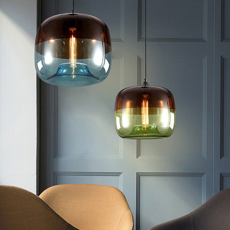 Postmodern Blue/Green-Brown Glass Drum Pendant Ceiling Light - Stylish 1 Bulb Suspension Lamp for Dining Room