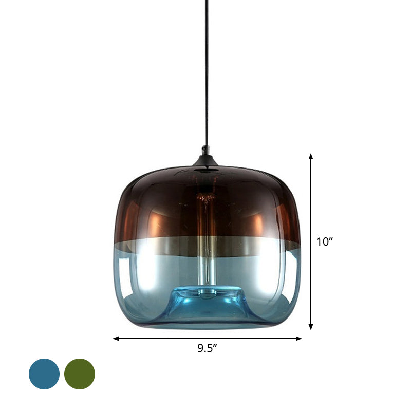 Postmodern Blue/Green-Brown Glass Drum Pendant Ceiling Light - Stylish 1 Bulb Suspension Lamp for Dining Room