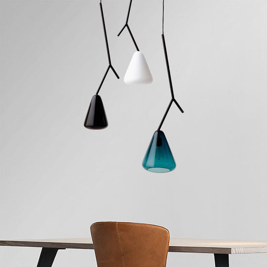 Nordic Metal Pendant Light with Down Lighting & Conical Blue/Black/White Glass Shade