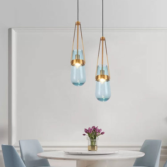 Postmodern Blue and Clear Glass Dining Room Pendant Light with Brass Gripper
