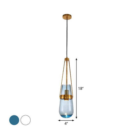Clear/Blue Glass Pendant Lamp With Brass Gripper - Postmodern Drop Shape Dining Room Hanging Light