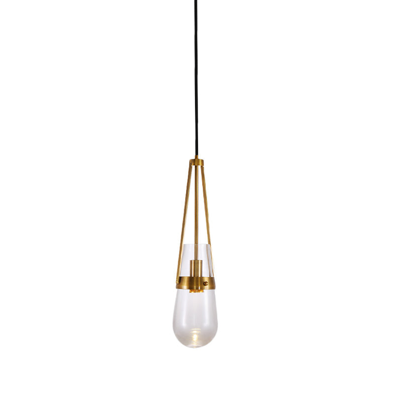 Clear/Blue Glass Pendant Lamp With Brass Gripper - Postmodern Drop Shape Dining Room Hanging Light