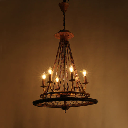 Rustic Wrought Iron Wheel Chandelier - Farmhouse Style Indoor Ceiling Lamp with 6 Lights, Candle, and Chain