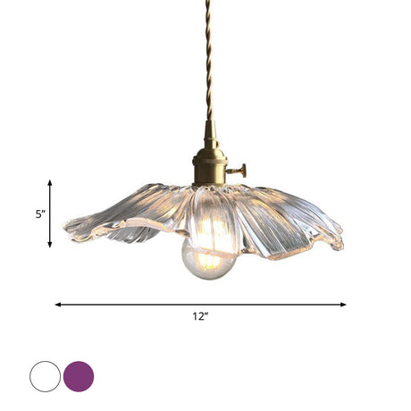 Modern Purple/Clear Glass Flower Pendant Lamp - 1-Light Brass Dining Table Lighting Fixture