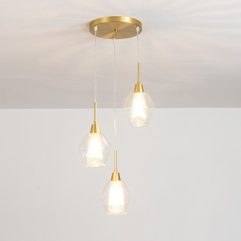 Modern Clear Glass 3-Bulb Gold Cluster Pendant Light - Dual-Shade Diamond Ceiling Hand Lamp