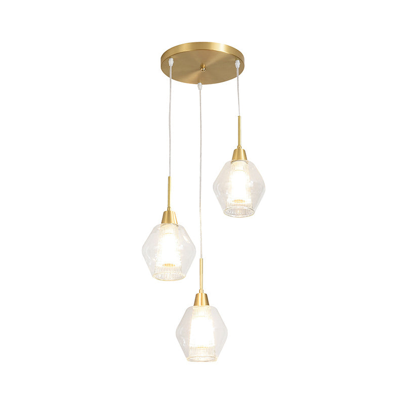 Modern Clear Glass 3-Bulb Gold Cluster Pendant Light - Dual-Shade Diamond Ceiling Hand Lamp