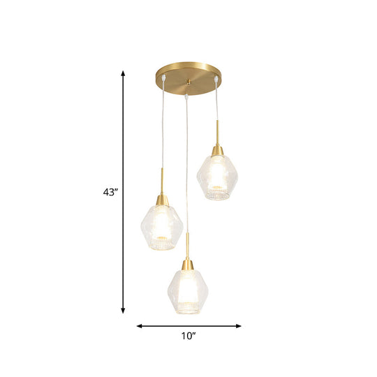 Modern Clear Glass 3-Bulb Gold Cluster Pendant Light - Dual-Shade Diamond Ceiling Hand Lamp