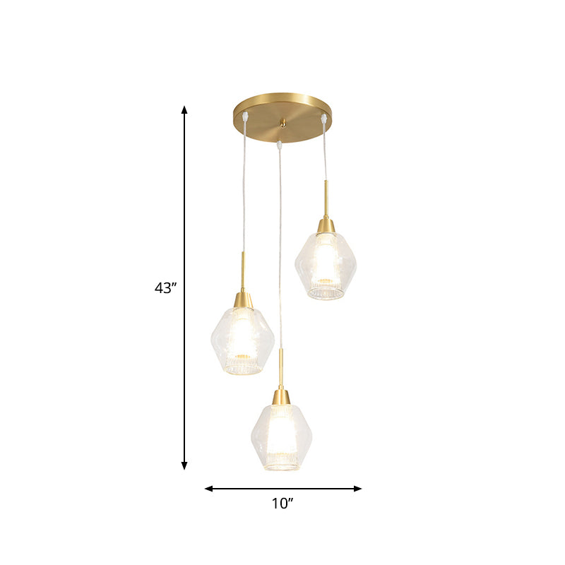 Modern Dual-Shade Diamond Ceiling Hand Lamp With Clear Glass 3-Bulb Gold Pendant Light