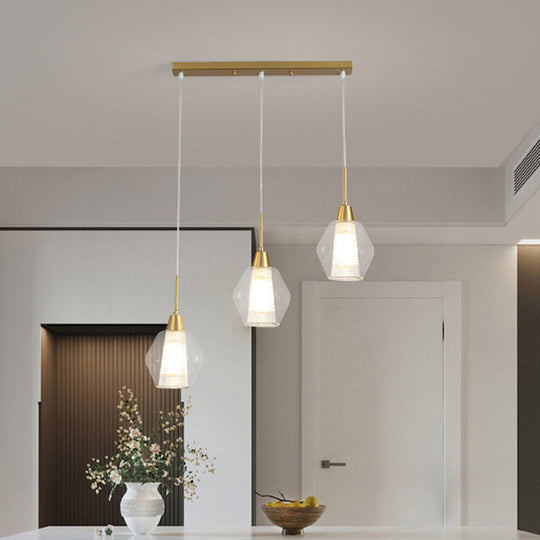 Modern Clear Glass 3-Bulb Gold Cluster Pendant Light - Dual-Shade Diamond Ceiling Hand Lamp