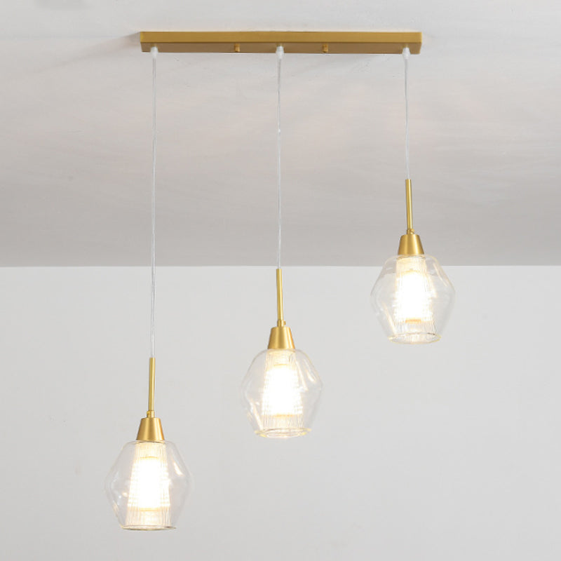 Modern Clear Glass 3-Bulb Gold Cluster Pendant Light - Dual-Shade Diamond Ceiling Hand Lamp