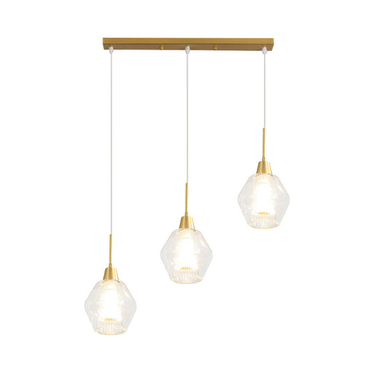 Modern Dual-Shade Diamond Ceiling Hand Lamp With Clear Glass 3-Bulb Gold Pendant Light