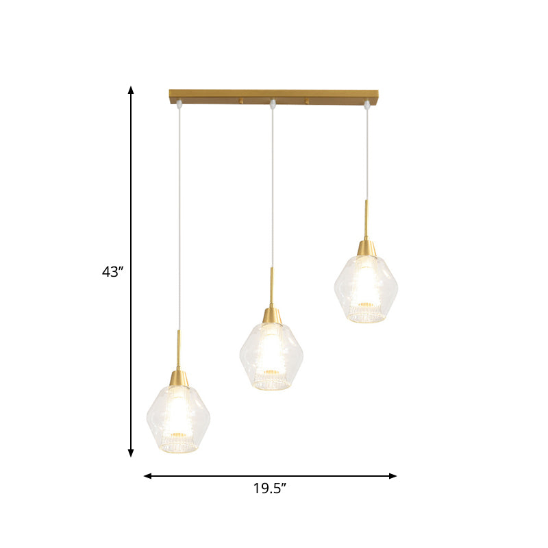 Modern Clear Glass 3-Bulb Gold Cluster Pendant Light - Dual-Shade Diamond Ceiling Hand Lamp