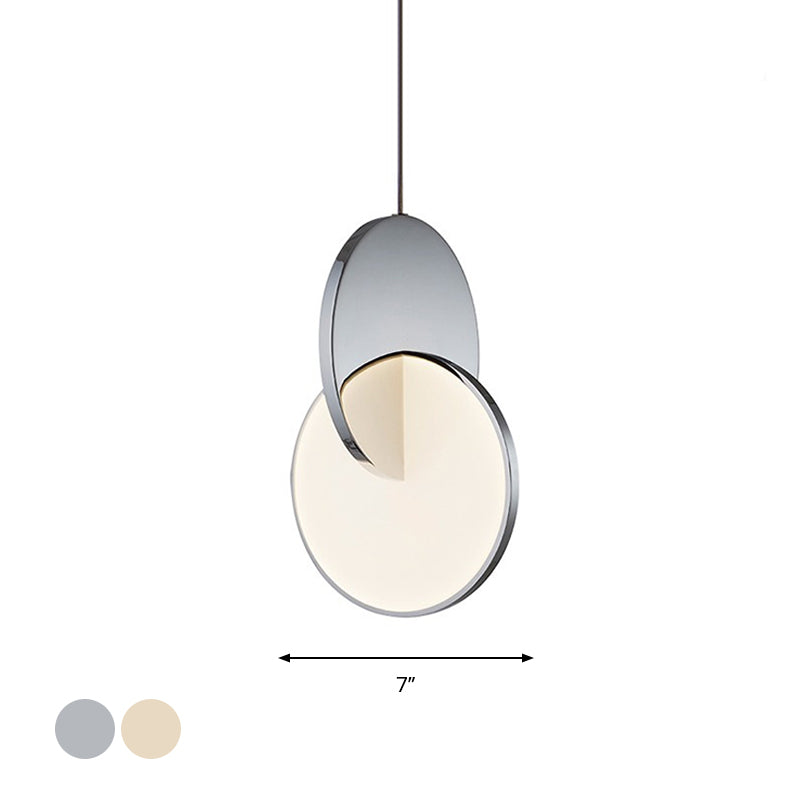 Modern LED Pendulum Light with Chrome/Gold Interlocked Discs & Acrylic Shade, 7"/10" Width