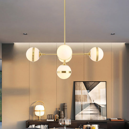 Postmodern Gold Branch Pendant Light With White Ball Glass - 3/5-Light Suspension Lamp Kit