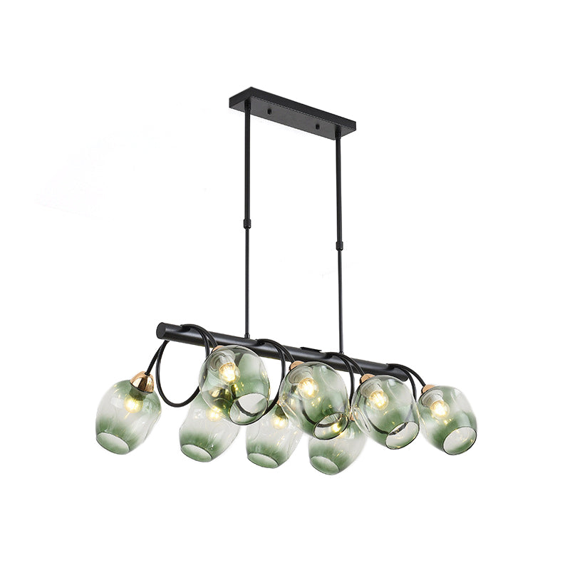 Modern Dimpled Glass Wine Cup Island Light With 6/8/10-Head Black Suspended Fixture Blue/Green Ombre