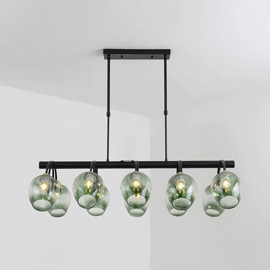 Modern Dimpled Glass Wine Cup Island Light With 6/8/10-Head Black Suspended Fixture Blue/Green Ombre
