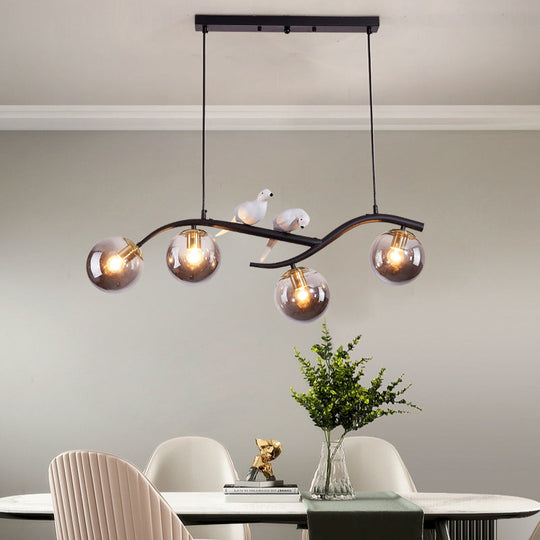 Contemporary Metal Branch Hanging Lamp Island Pendant - 4-Light Black/Gold With Bird Deco And Smoke