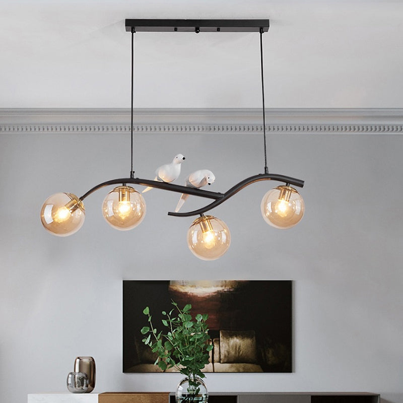 Contemporary Metal Branch Hanging Lamp Island Pendant - 4-Light Black/Gold With Bird Deco And Smoke
