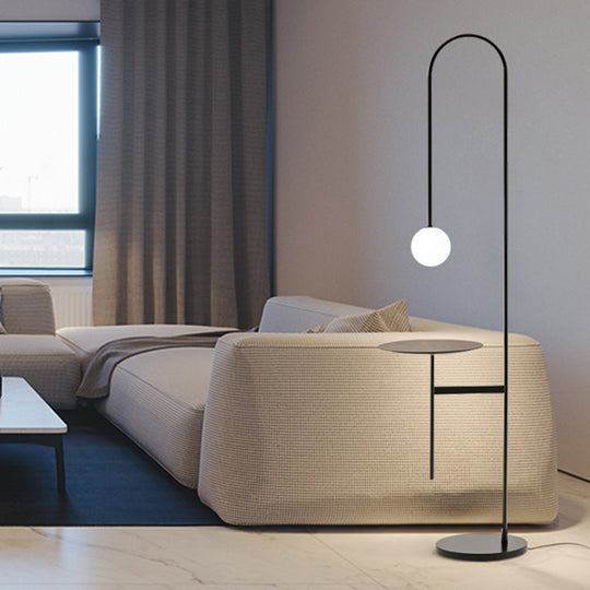 Bow Shaped Minimalist Iron Floor Lamp With Milk Glass Shade And Table - Black Stand Up Lighting