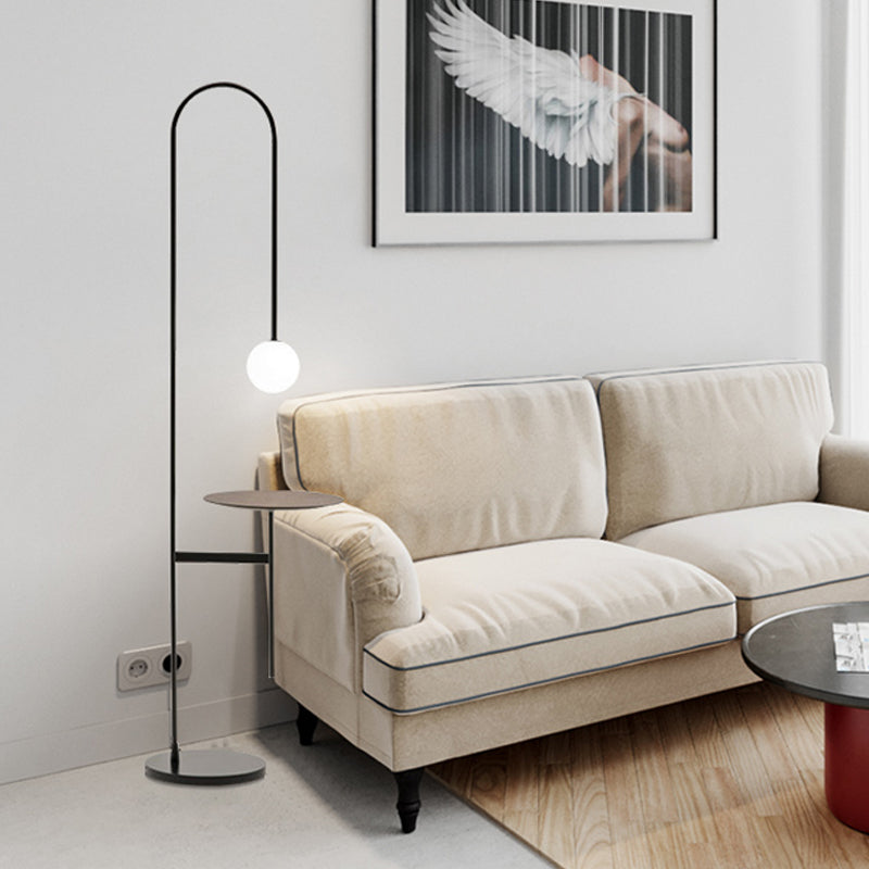 Bow Shaped Minimalist Iron Floor Lamp With Milk Glass Shade And Table - Black Stand Up Lighting