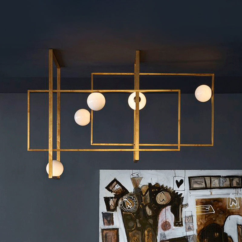 Postmodern Interlocking 5-Head Semi Flush Gold Ceiling Lamp With Orb Glass Shade