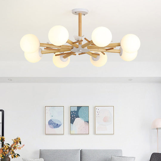 Modern Wooden Branch Flush Chandelier With Ball Cream Glass Shades - Nordic Design 3/6/8 Heads White