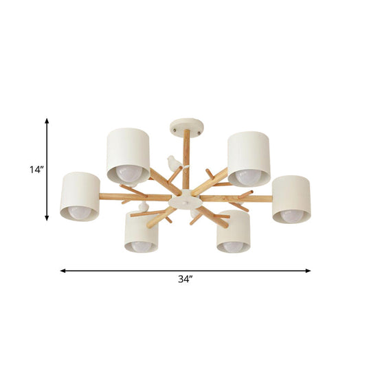 Modern Wooden Branch Flush Chandelier With Ball Cream Glass Shades - Nordic Design 3/6/8 Heads White