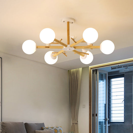 Modern Wooden Branch Flush Chandelier With Ball Cream Glass Shades - Nordic Design 3/6/8 Heads White