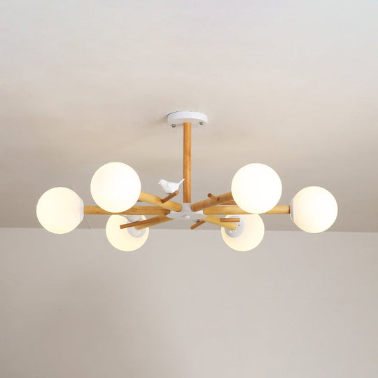 Modern Wooden Branch Flush Chandelier With Ball Cream Glass Shades - Nordic Design 3/6/8 Heads White