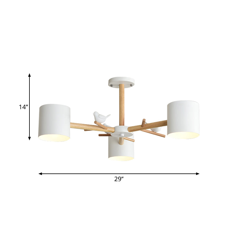 Modern Wooden Branch Flush Chandelier With Ball Cream Glass Shades - Nordic Design 3/6/8 Heads White