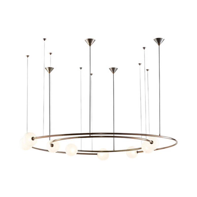 Postmodern Brass Ringed Hanging Light Fixture: 8-Bulb Cream Orb Glass Chandelier For Kitchen Bar