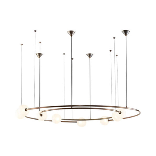 Postmodern Brass Ringed Hanging Light Fixture: 8-Bulb Cream Orb Glass Chandelier For Kitchen Bar