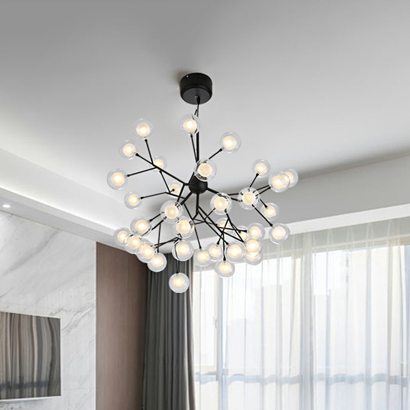36-Light Firefly Chandelier With Clear And Frosted Glass Modern Black Pendant For Parlor