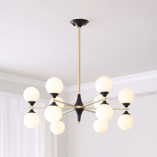 Postmodern Black-Gold Hanging Light With Ivory Glass Shades - 6/8/12 Heads