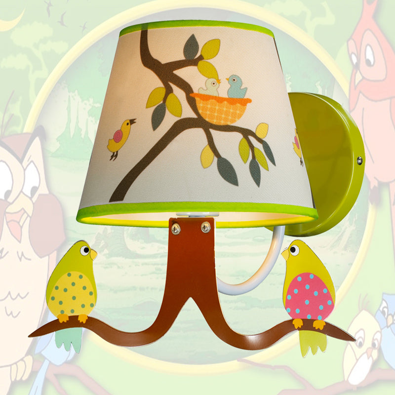 Green Wall Light Branch Fabric Lamp With Bird & Tapered Shade For Baby Bedroom - Kids Edition