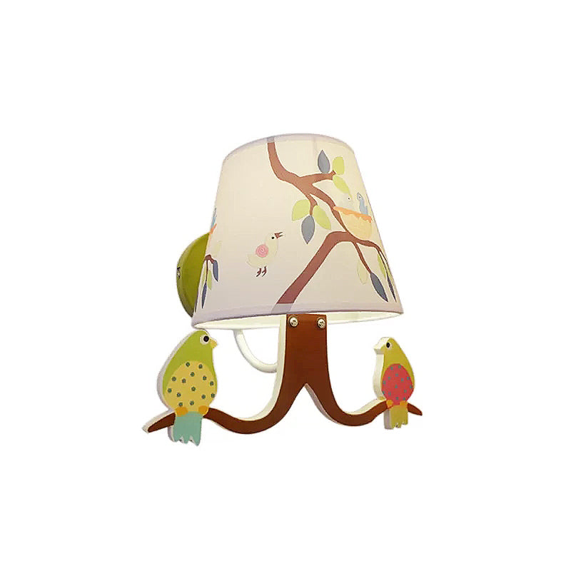 Green Wall Light Branch Fabric Lamp With Bird & Tapered Shade For Baby Bedroom - Kids Edition