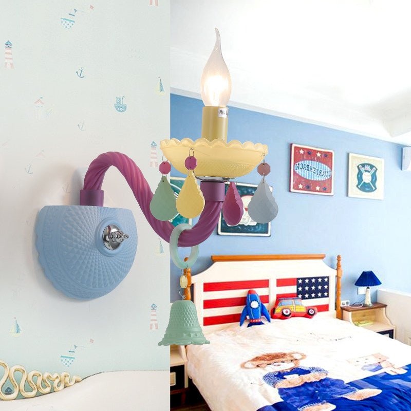 Colorful Kids Wall Sconce With Bell & Teardrop Deco Glass For Nursing Room 1 / Blue