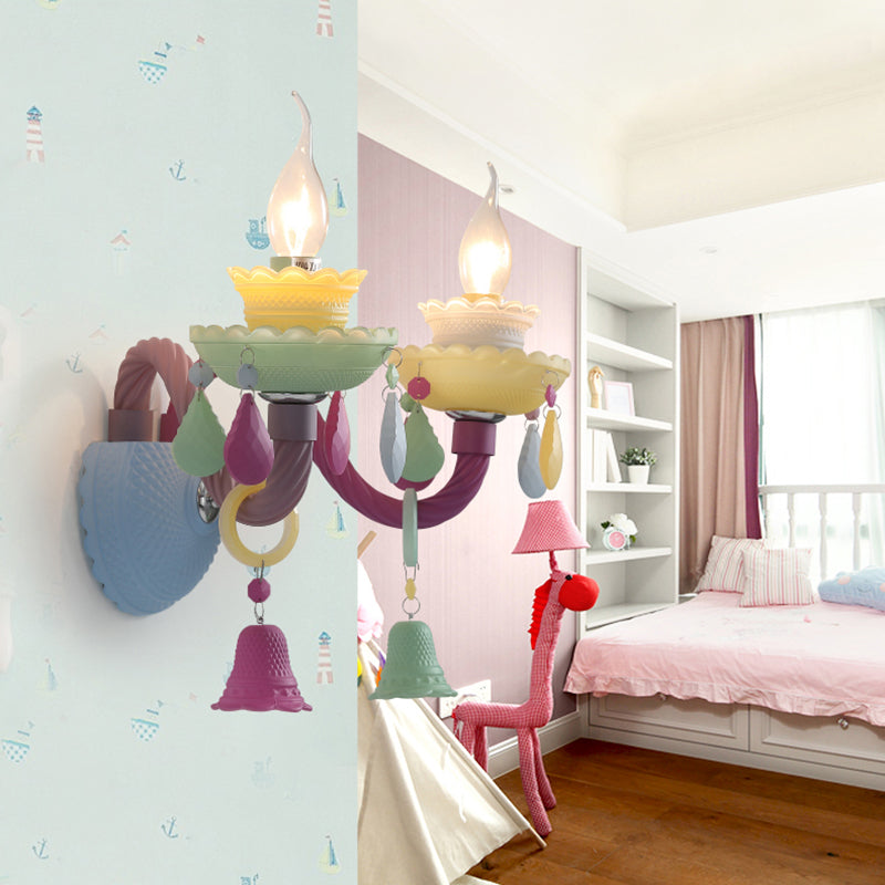 Colorful Kids Wall Sconce With Bell & Teardrop Deco Glass For Nursing Room 2 / Blue