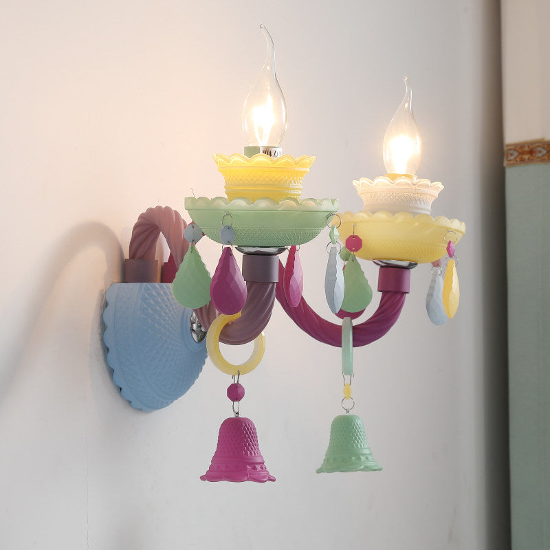 Colorful Kids Wall Sconce With Bell & Teardrop Deco Glass For Nursing Room