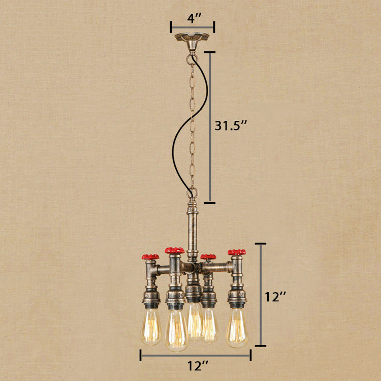 Steampunk 5-Light Chandelier With Open Bulbs Pipe And Valve - Antique Silver/Bronze Ceiling Fixture