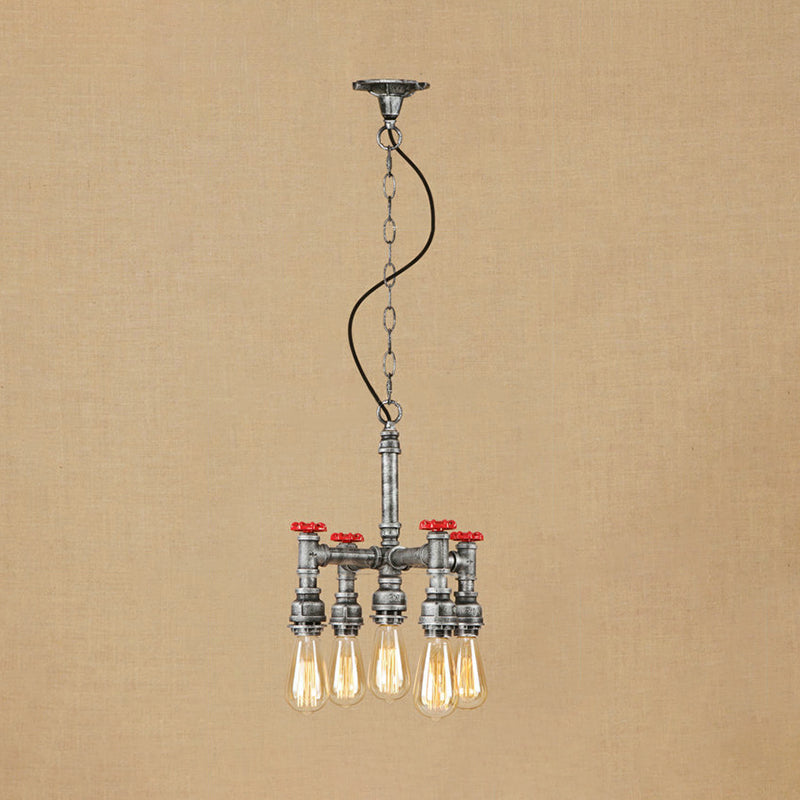 Steampunk 5-Light Chandelier With Open Bulbs Pipe And Valve - Antique Silver/Bronze Ceiling Fixture