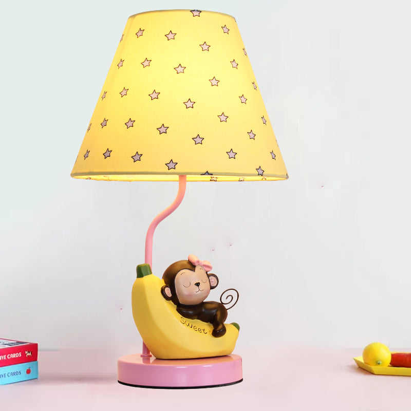 Cute Blue Banana & Monkey Table Lamp For Girls Bedroom - Metal Light Single Head Yellow