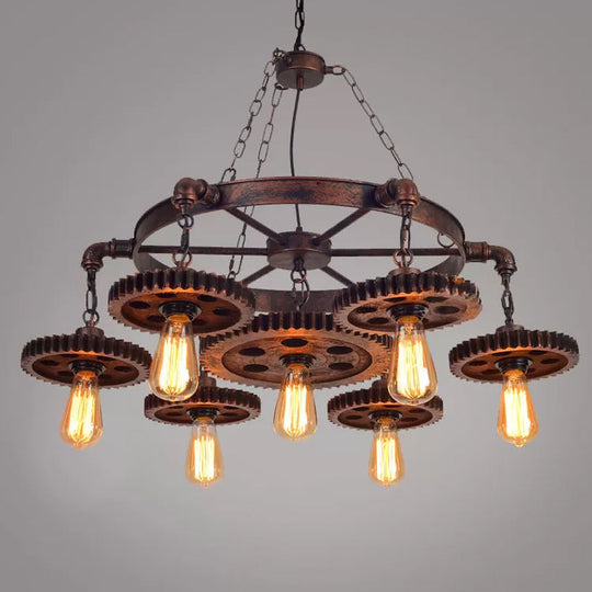 Antique Bronze Wood Carved Gear Chandelier: Loft-Style Pendant Lamp with 1/3/7-Bulb Bistro Down Lighting