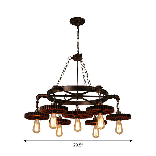 Loft Style Wood Carved Gear Chandelier Lamp In Antique Bronze - Bistro Pendant Lighting (1/3/7-Bulb