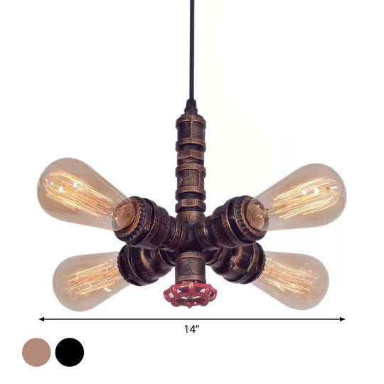 Radial Design Metal Pendant Chandelier: 4-Light Drop Lamp In Bronze/Black