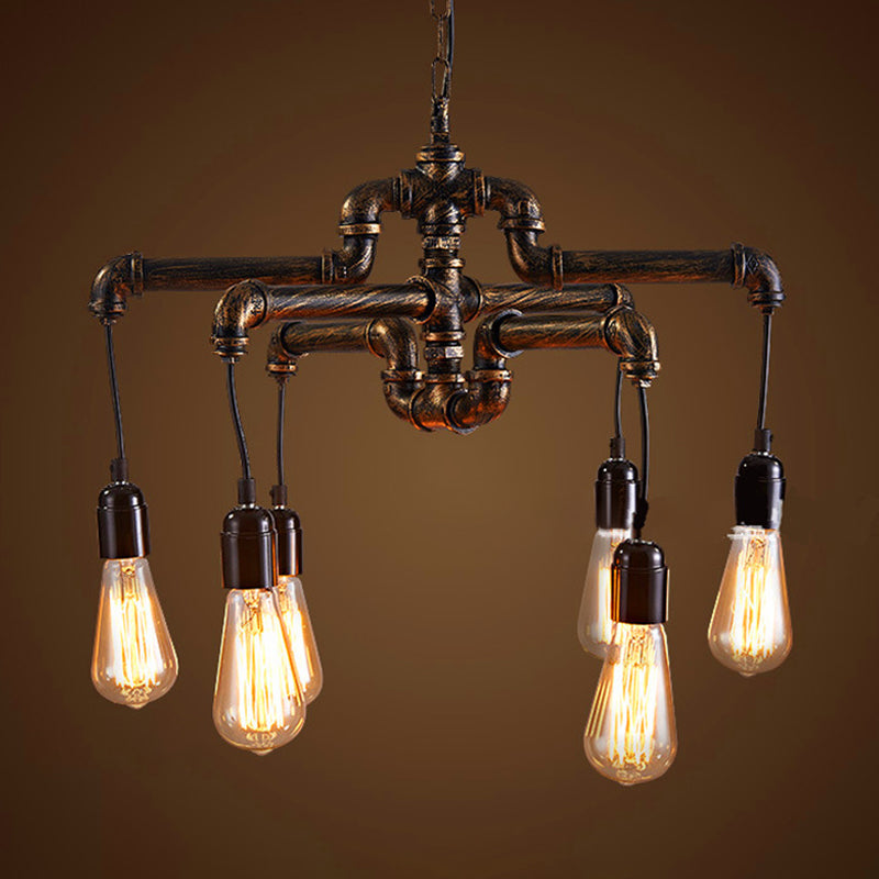 Iron Antique Brass Hanging Lamp - Industrial Chandelier Light Fixture With Plumbing Pipe 4/6 Bulbs 6