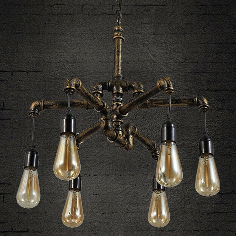 Iron Antique Brass Hanging Lamp - Industrial Chandelier Light Fixture With Plumbing Pipe 4/6 Bulbs