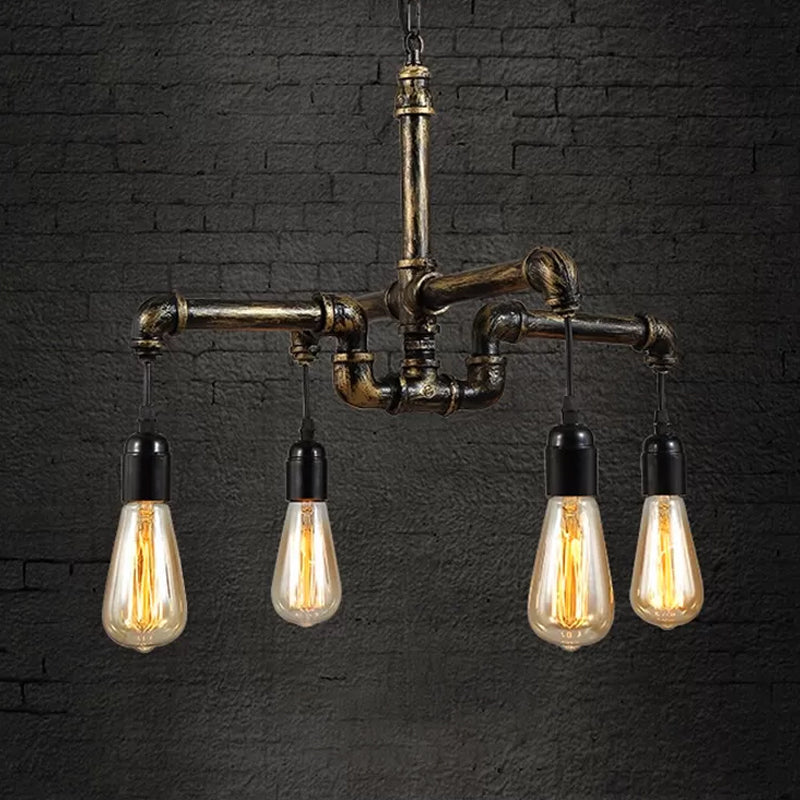 Iron Antique Brass Hanging Lamp - Industrial Chandelier Light Fixture With Plumbing Pipe 4/6 Bulbs 4