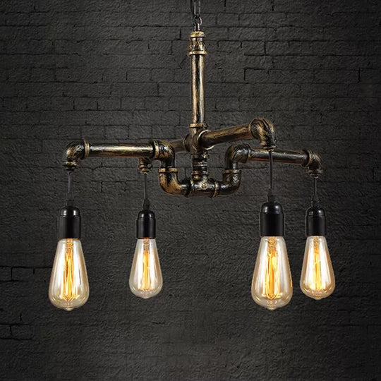 Iron Antique Brass Hanging Lamp - Industrial Chandelier Light Fixture With Plumbing Pipe 4/6 Bulbs 4